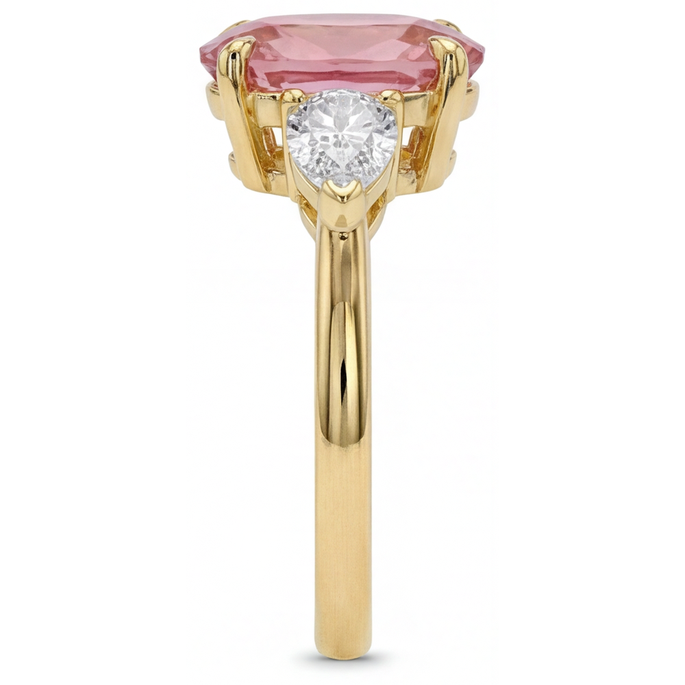 Peach Sapphire 2.9 Carat Real Oval Padparadscha Three Stone Ring 14K Yellow Gold