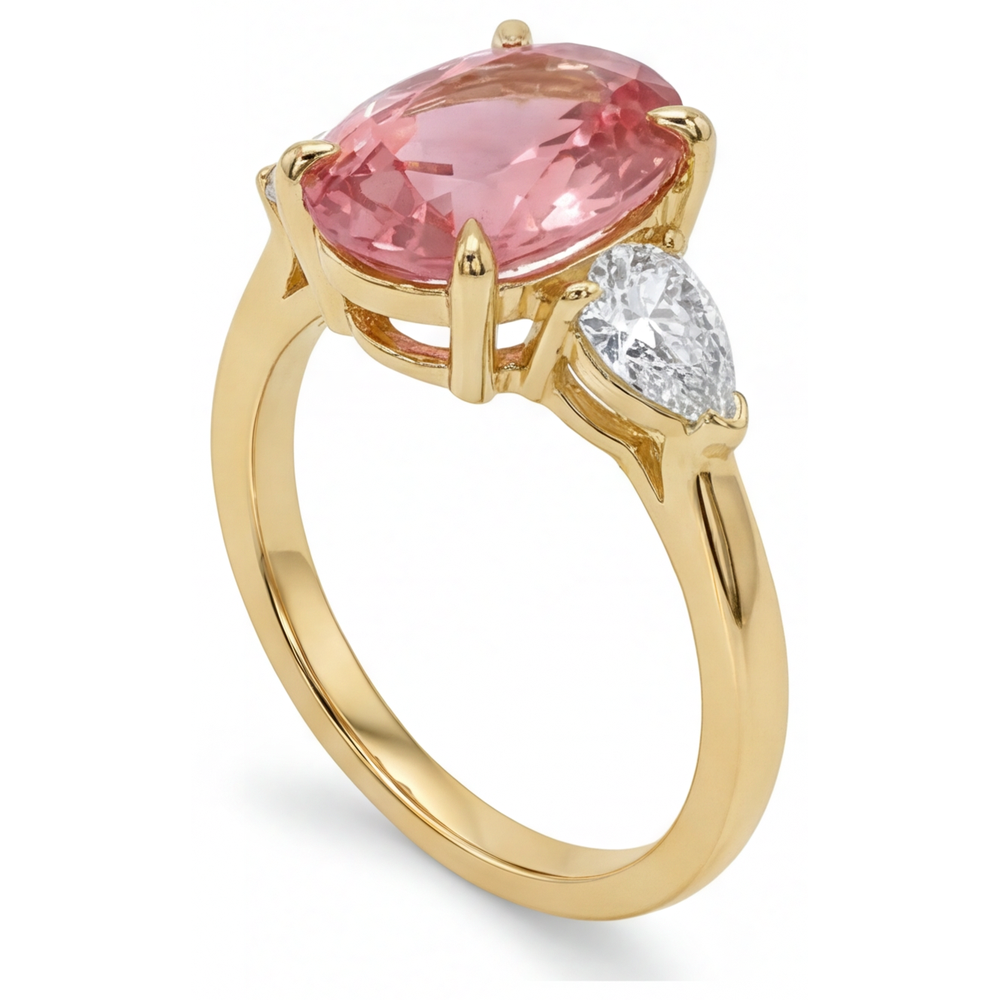 Peach Sapphire 2.9 Carat Real Oval Padparadscha Three Stone Ring 14K Yellow Gold