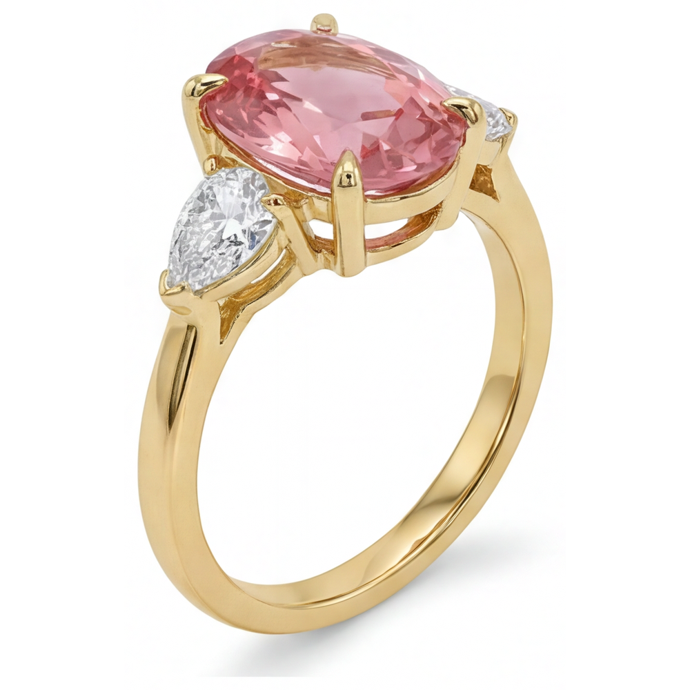 Peach Sapphire 2.9 Carat Real Oval Padparadscha Three Stone Ring 14K Yellow Gold