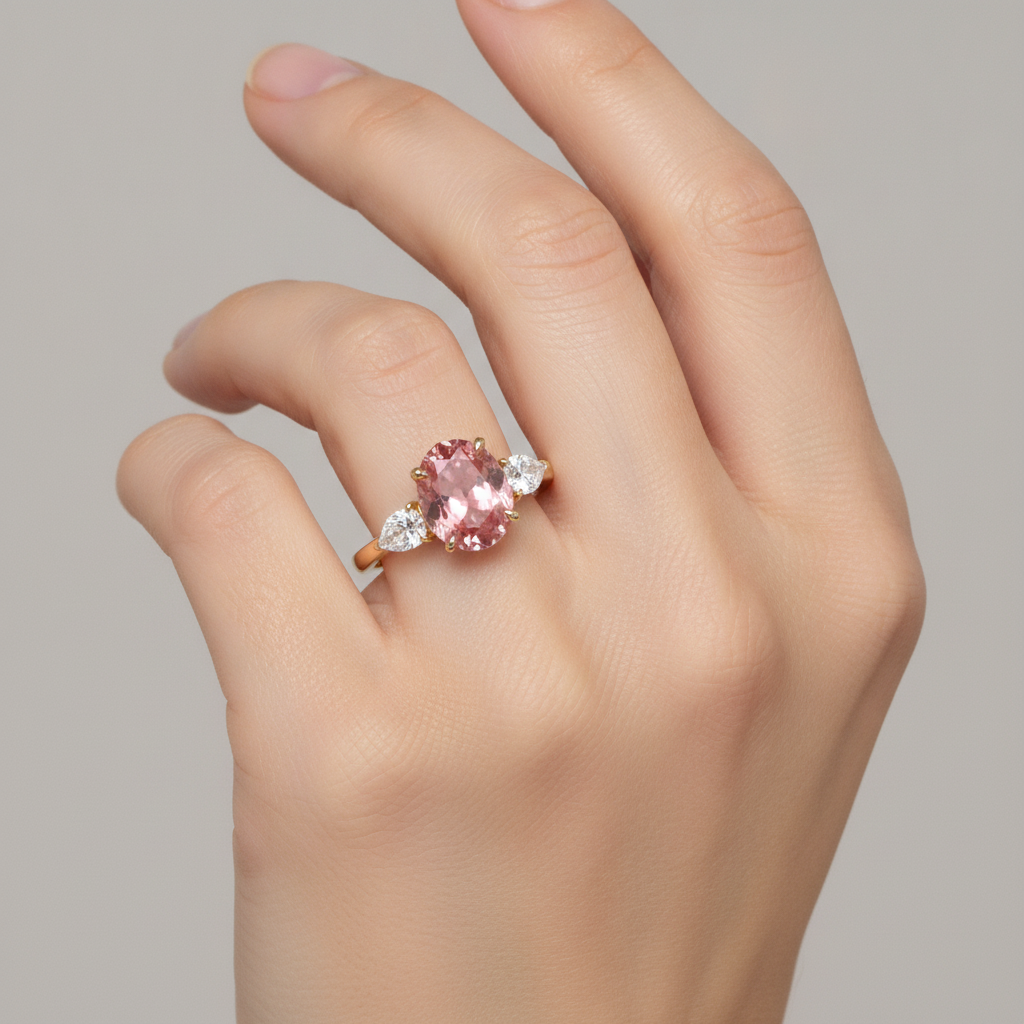Peach Sapphire 2.9 Carat Real Oval Padparadscha Three Stone Ring 14K Yellow Gold