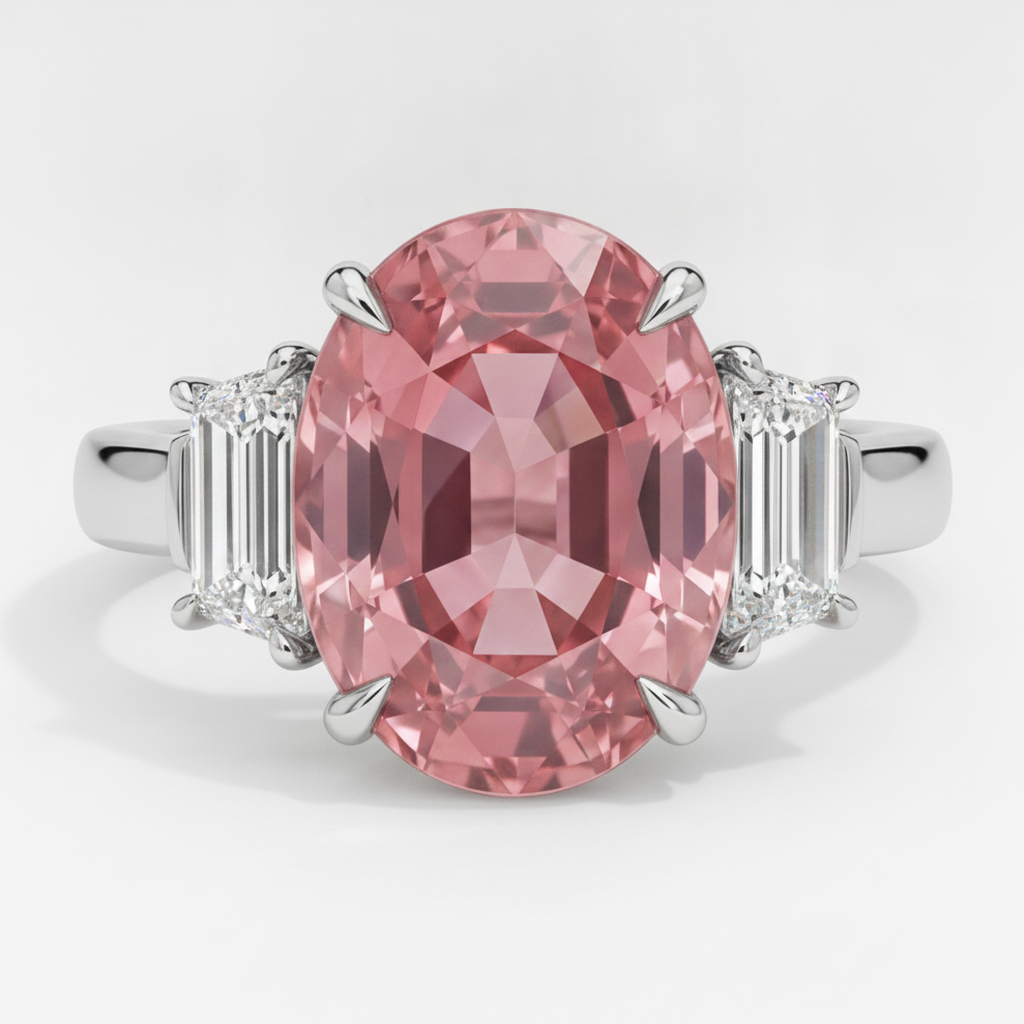 Padparadscha Sapphire Ring 3.6 Carat Real Oval and White Trapezoid Three Stone Platinum