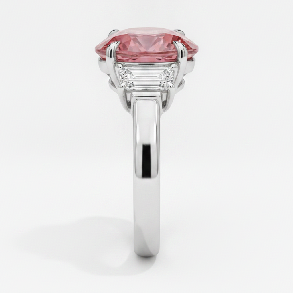 Padparadscha Sapphire Ring 3.6 Carat Real Oval and White Trapezoid Three Stone Platinum