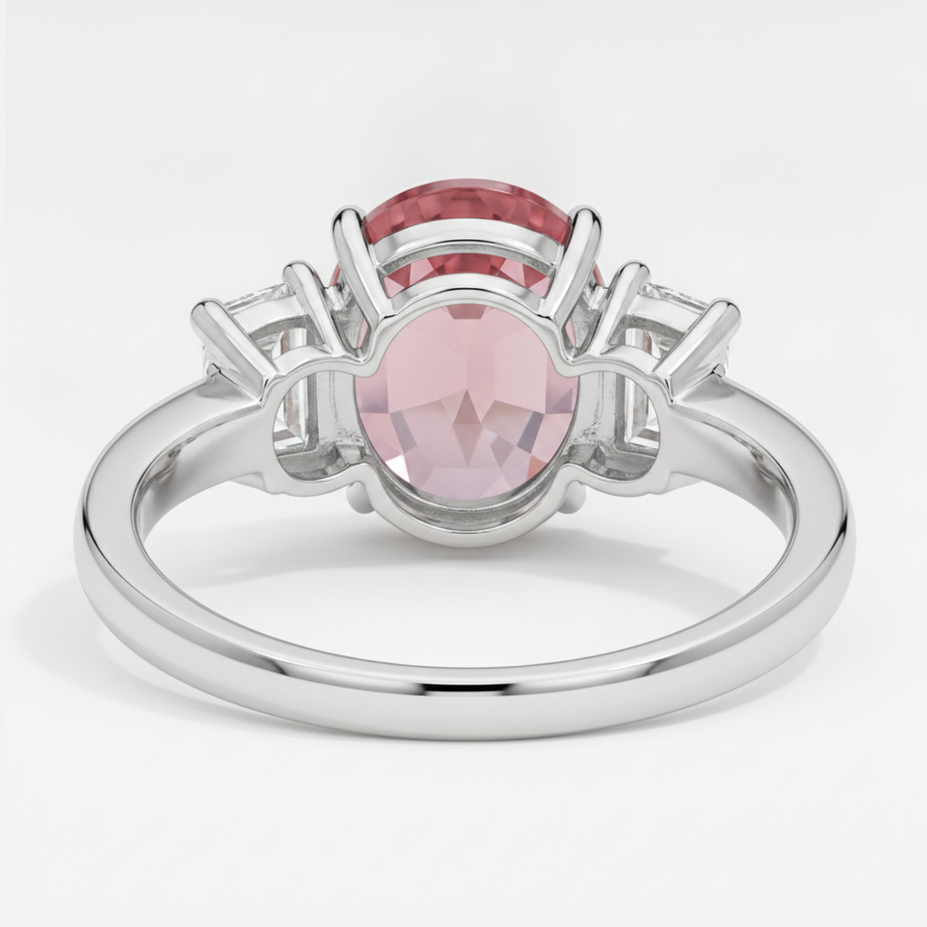 Padparadscha Sapphire Ring 3.6 Carat Real Oval and White Trapezoid Three Stone Platinum