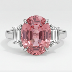 Padparadscha Sapphire Ring 3.6 Carat Real Oval and White Trapezoid Three Stone Platinum