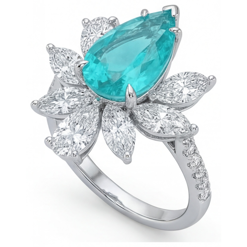 Pear Cut Paraiba Tourmaline ring in 14 Karat White Gold – side view