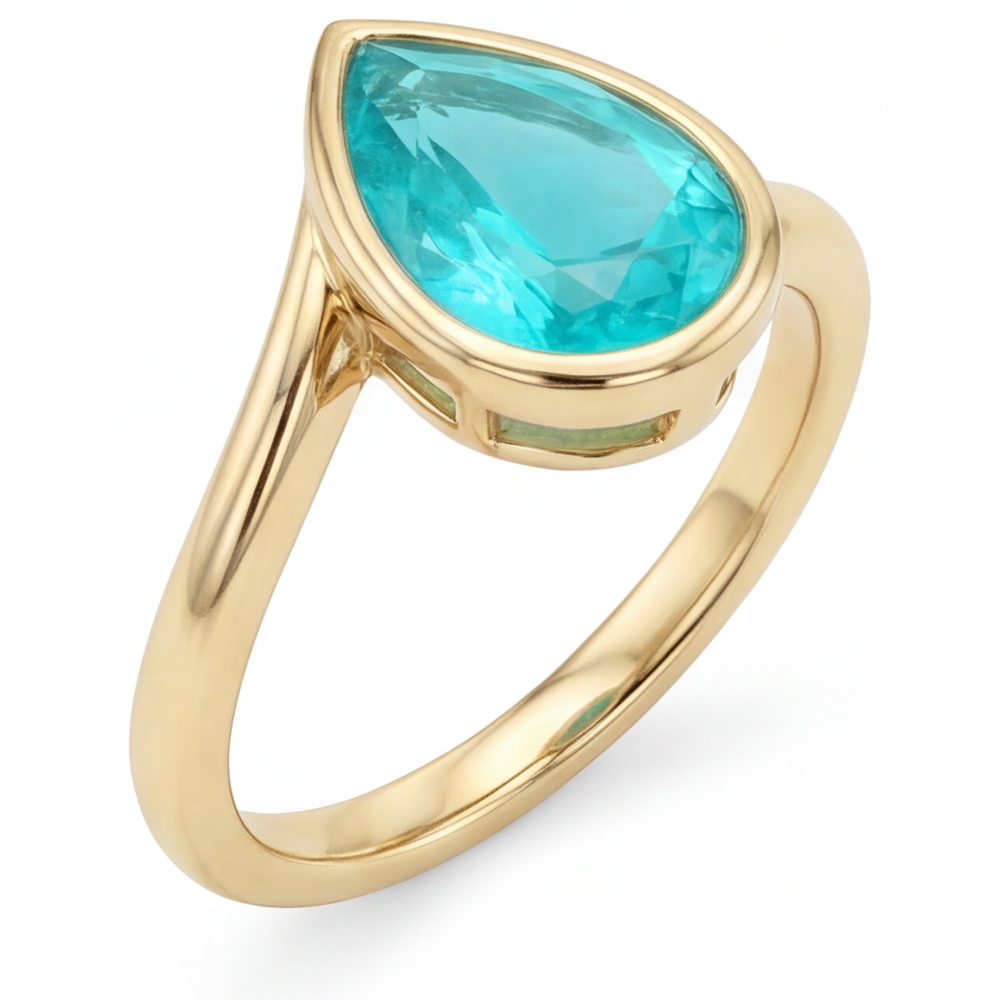 Paraiba Tourmaline Pear Shape Colored Stone Ring in 14 Karat Yellow Gold – front view