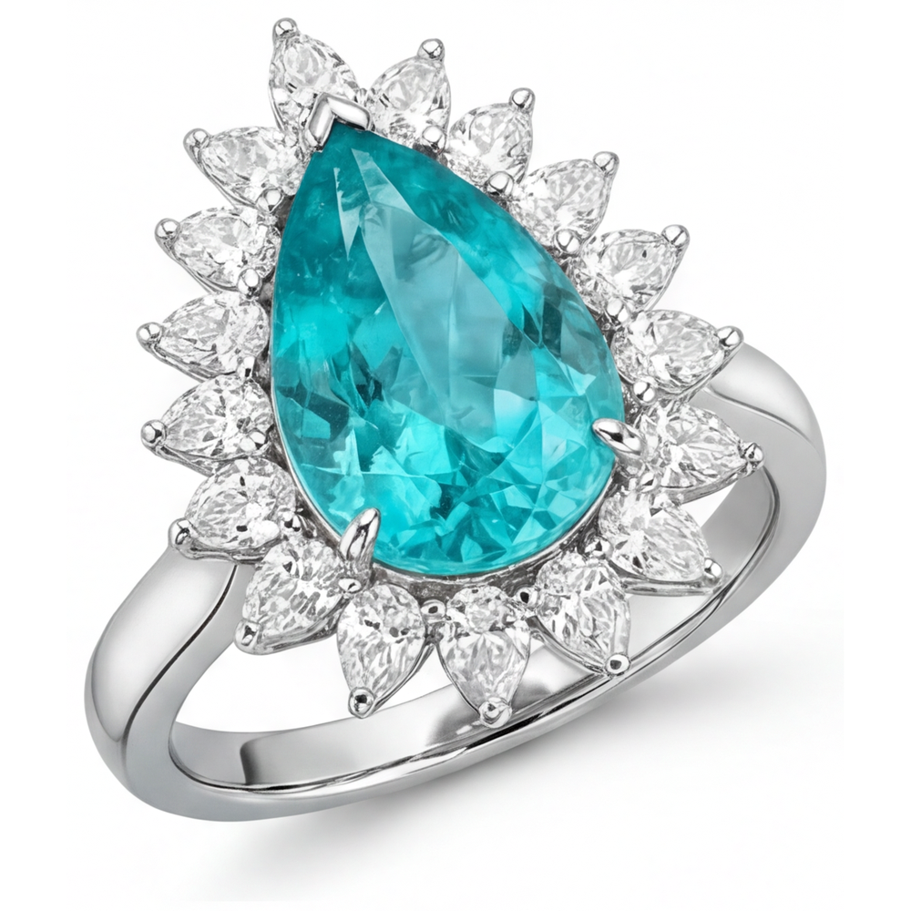 Paraiba Tourmaline Pear Shape Halo Engagement Ring in 14K White Gold – angle view