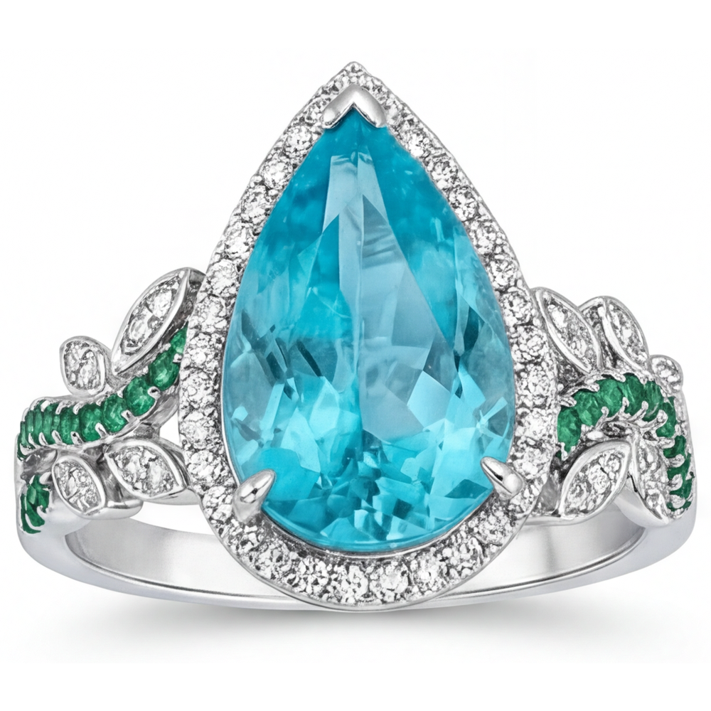 Real Paraiba Tourmaline Halo Engagement Ring 5.75 ct 14K White Gold – angle view