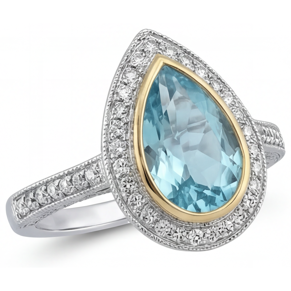 Pear Cut Paraiba Tourmaline ring in 14 Karat Two Tone Gold – profile view
