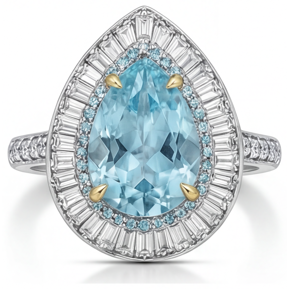 Paraiba Tourmaline Pear Cut Halo Ring in 14K Two Tone Gold – front view
