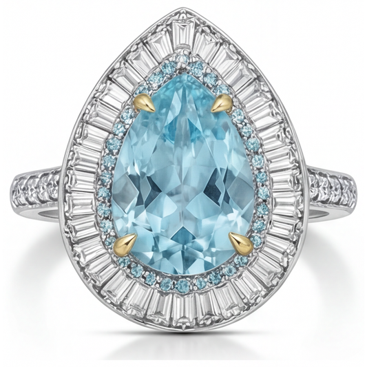 Paraiba Tourmaline Pear Cut Halo Ring in 14K Two Tone Gold – front view