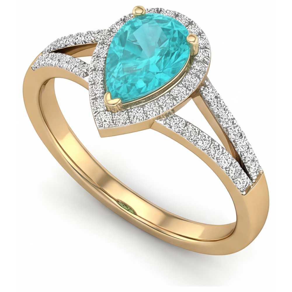 Paraiba Tourmaline Pear Cut Halo Setting Ring in 14 Karat Two Tone Gold – angle view