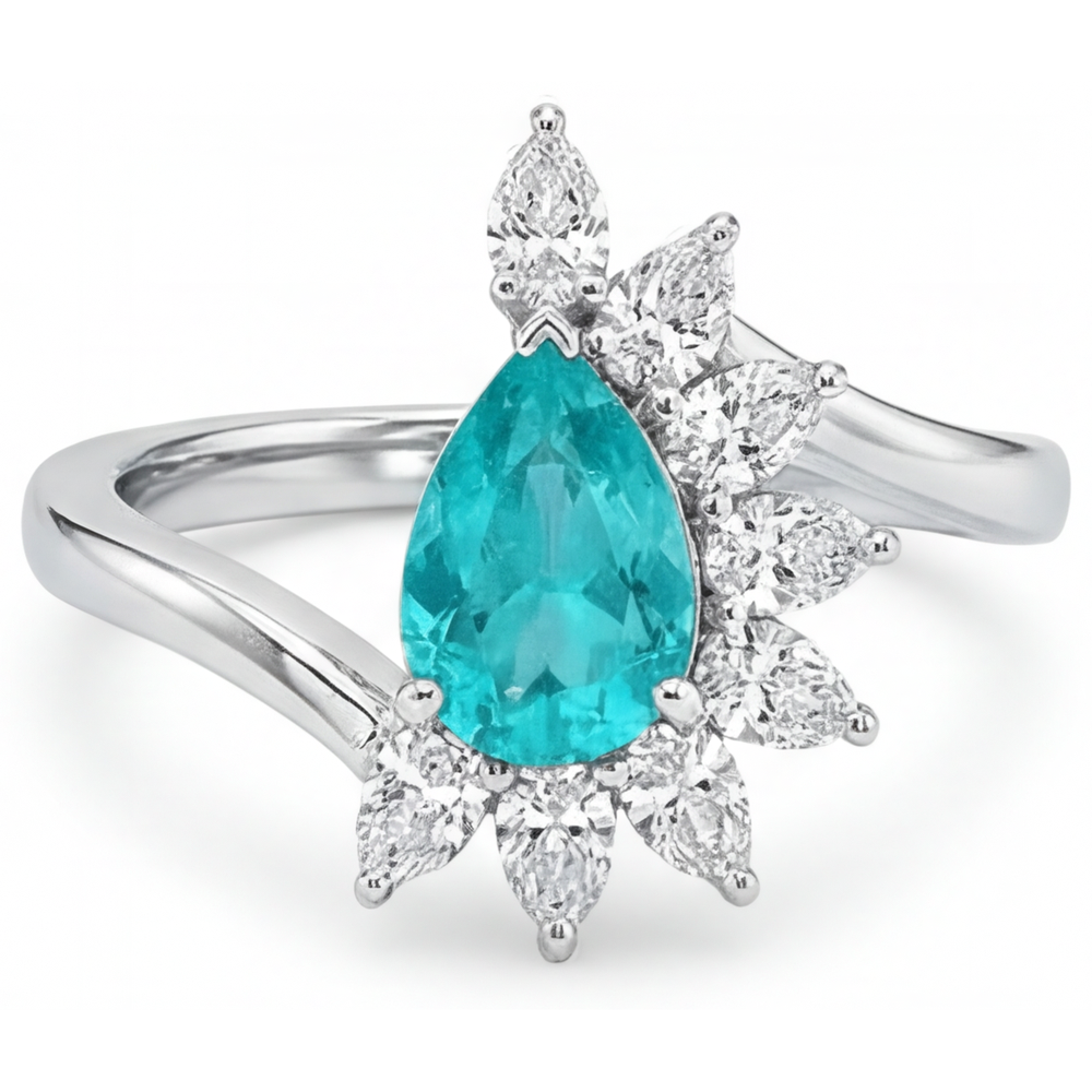 Pear Shape Paraiba Tourmaline ring in 14 Karat White Gold – main view