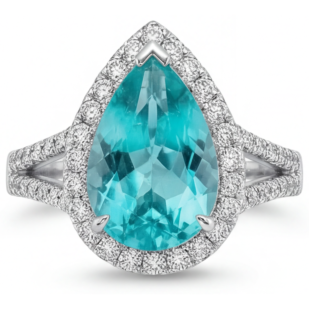 Paraiba Tourmaline Pear Shape Halo Setting Ring in 14 Karat White Gold – front view
