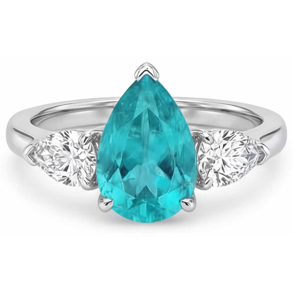 Paraiba Tourmaline Pear Cut Three Stone Ring in 14K White Gold – angle view