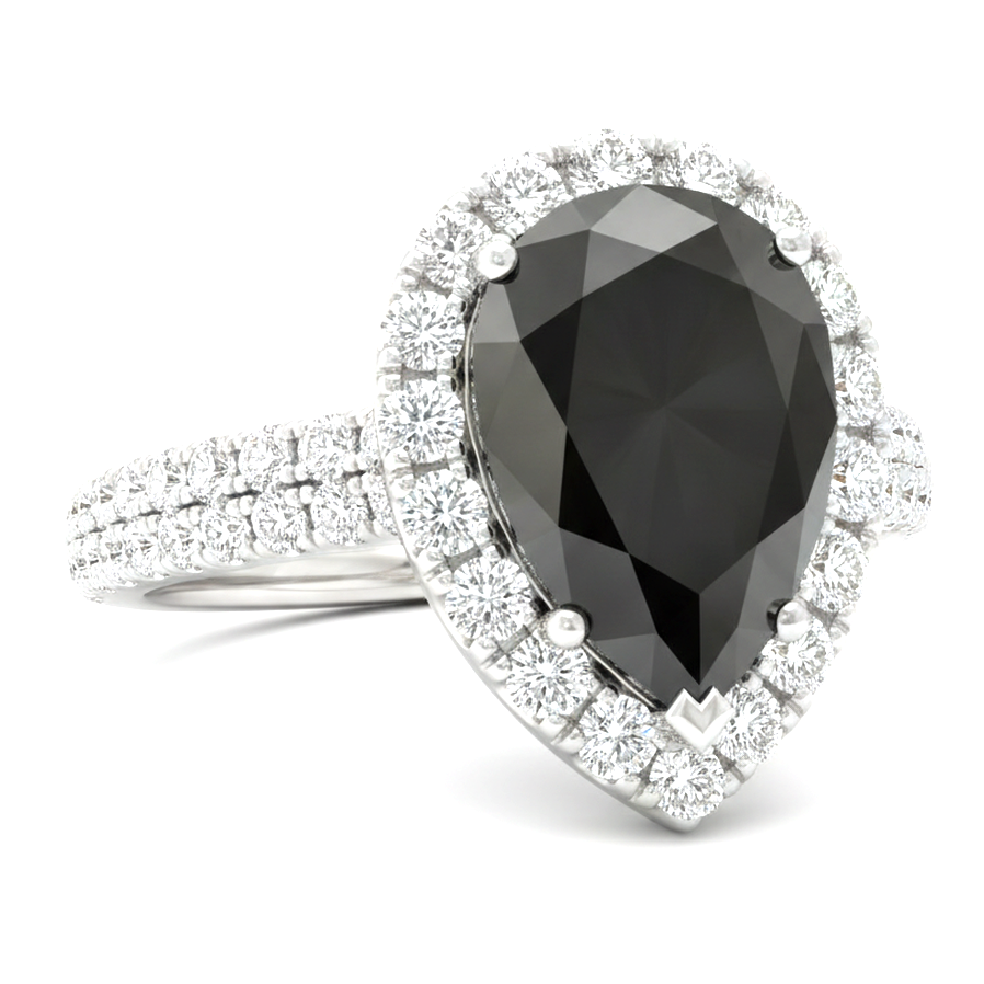 Black Diamond Ring 6 Carat Natural Pear Halo 14K White Gold