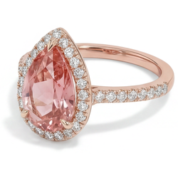 Peach Sapphire Ring 2.8 Carat Genuine Pear Padparadscha Halo Pave 14K Rose Gold
