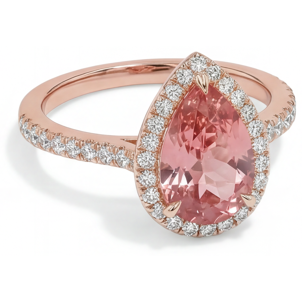 Peach Sapphire 2.8 Carat Natural Pear Padparadscha Halo Pave Ring 14K Rose Gold
