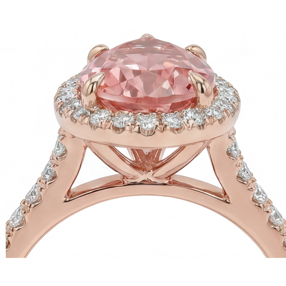 Peach Sapphire Ring 2.8 Carat Genuine Pear Padparadscha Halo Pave 14K Rose Gold