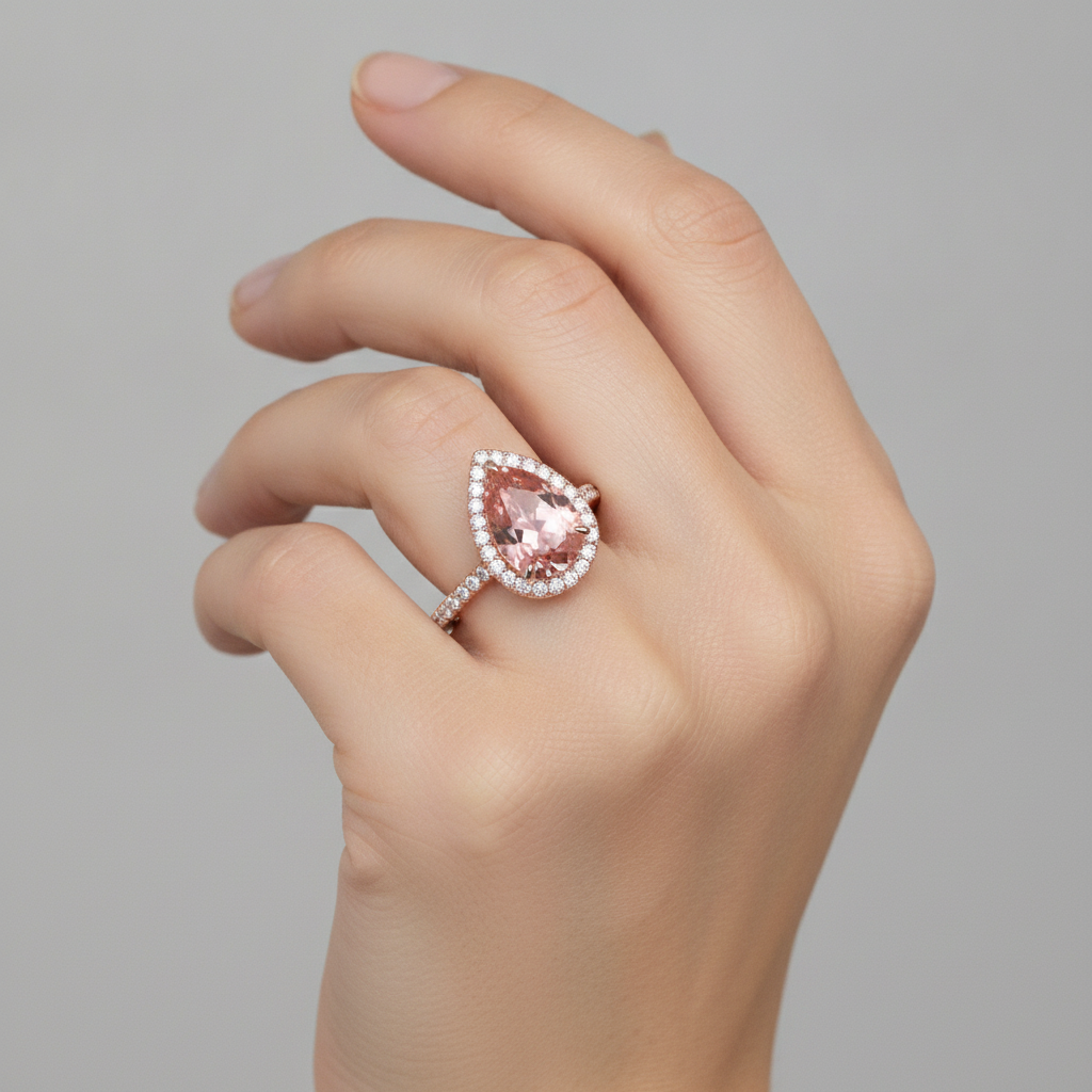 Peach Sapphire 2.8 Carat Natural Pear Padparadscha Halo Pave Ring 14K Rose Gold