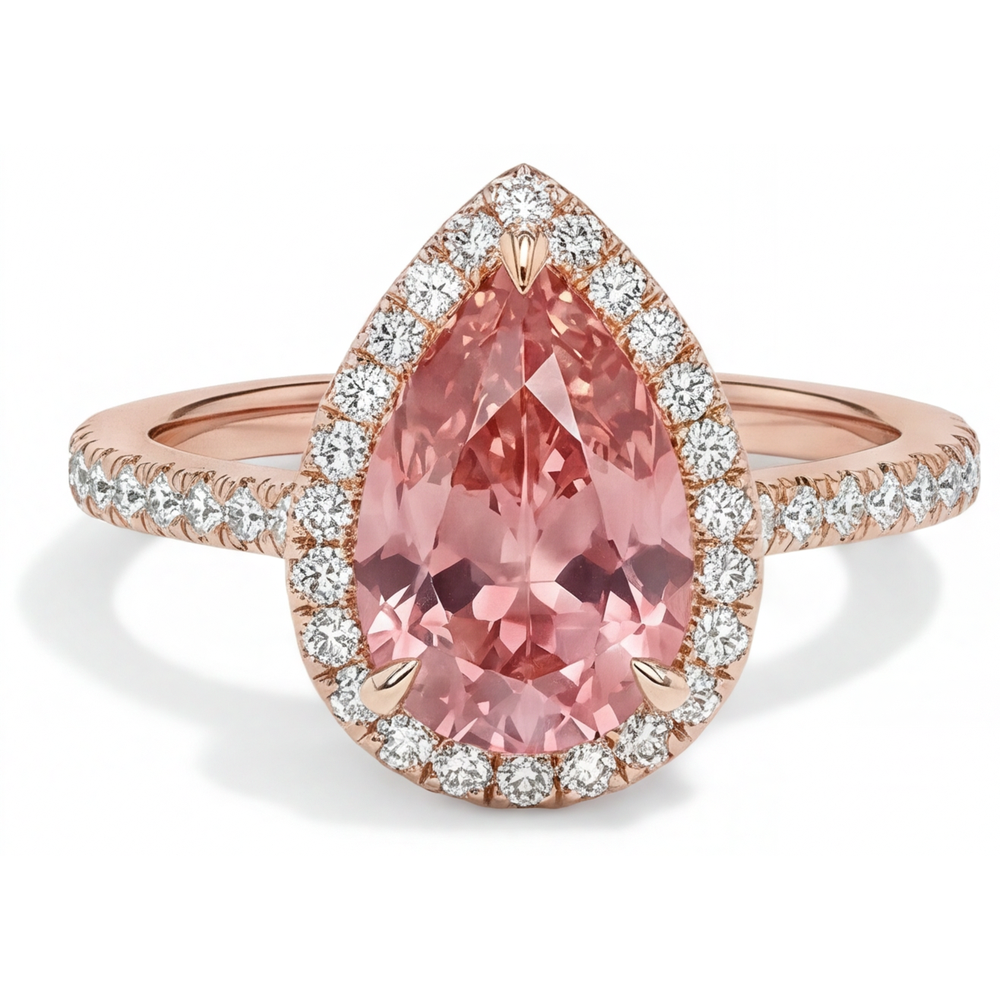 Peach Sapphire 2.8 Carat Natural Pear Padparadscha Halo Pave Ring 14K Rose Gold