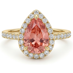 Padparadscha Sapphire Ring 2.8 Carat Genuine Pear Halo 14K Yellow Gold
