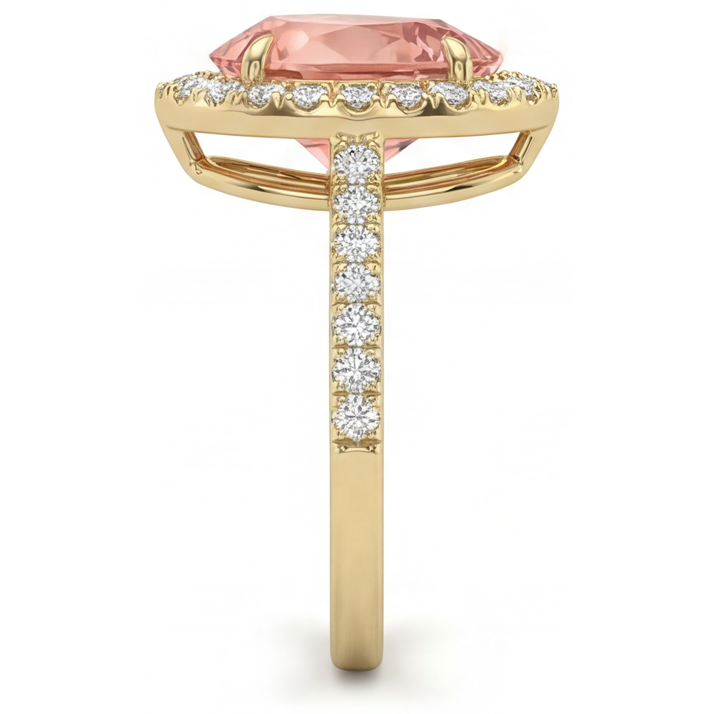 Peach Color Sapphire 2.8 Carat Genuine Pear Padparadscha Halo Pave Ring 14K Yellow Gold