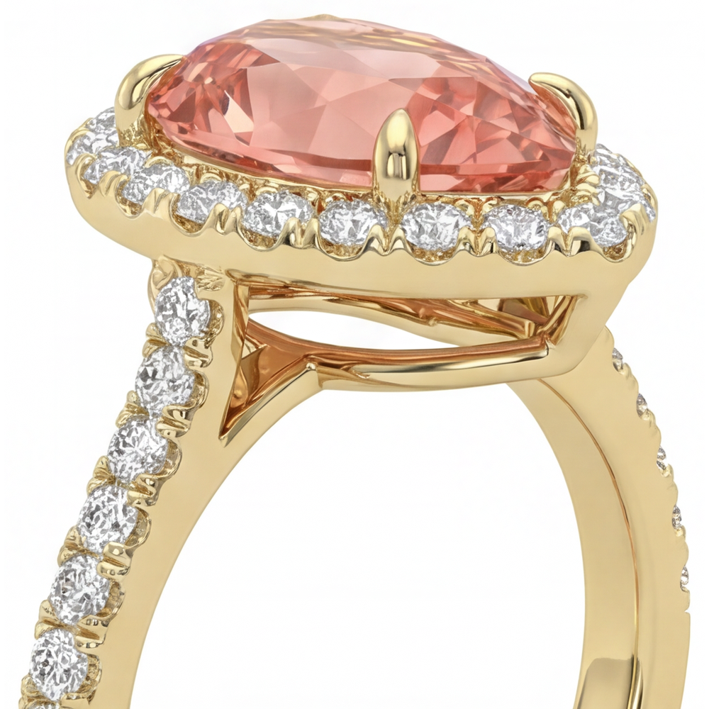 Peach Color Sapphire 2.8 Carat Genuine Pear Padparadscha Halo Pave Ring 14K Yellow Gold