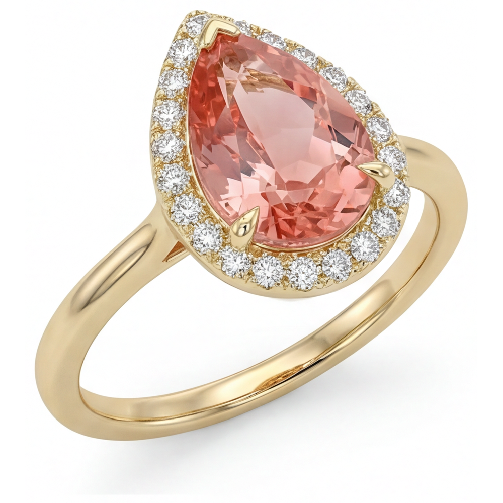 Pink Padparadscha Sapphire Ring 2.8 Carat Natural Pear Halo Plain 14K Yellow Gold