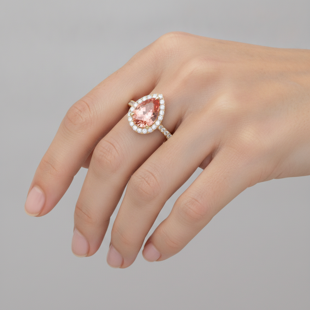 Padparadscha Sapphire Ring 2.8 Carat Genuine Pear Halo 14K Yellow Gold