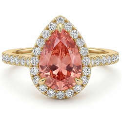 Peach Color Sapphire 2.8 Carat Genuine Pear Padparadscha Halo Pave Ring 14K Yellow Gold