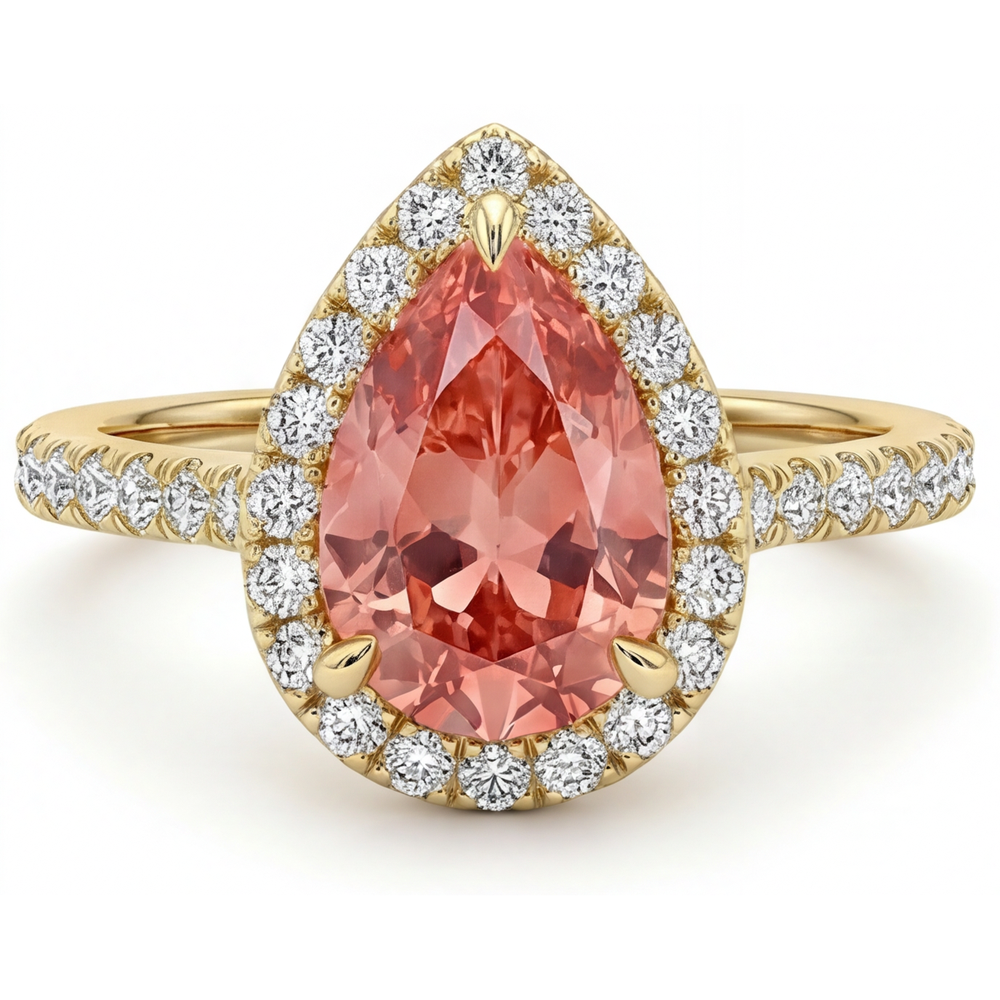 Peach Color Sapphire 2.8 Carat Genuine Pear Padparadscha Halo Pave Ring 14K Yellow Gold