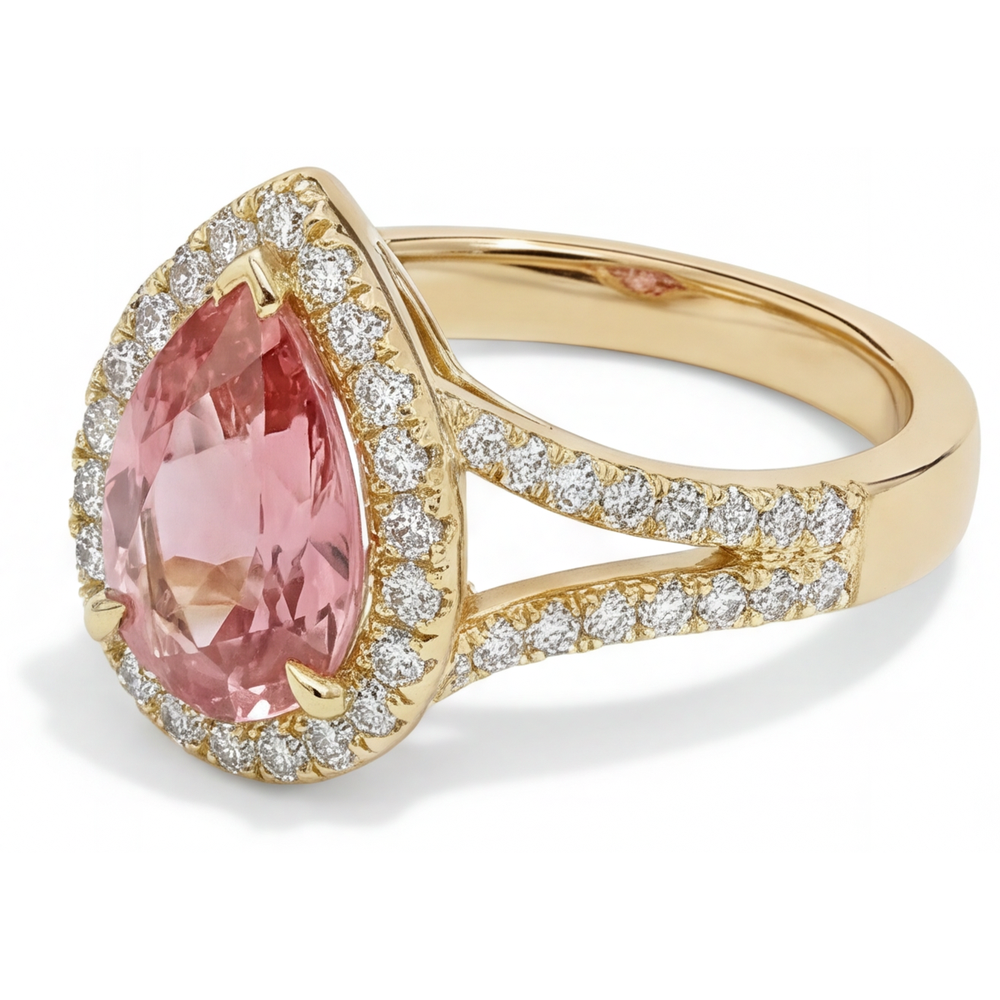 Peach Sapphire 2.8 Carat Genuine Pear Padparadscha Halo Split Shank Ring 14K Yellow Gold