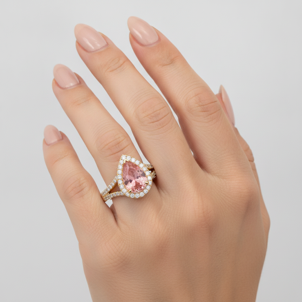 Peach Sapphire 2.8 Carat Genuine Pear Padparadscha Halo Split Shank Ring 14K Yellow Gold