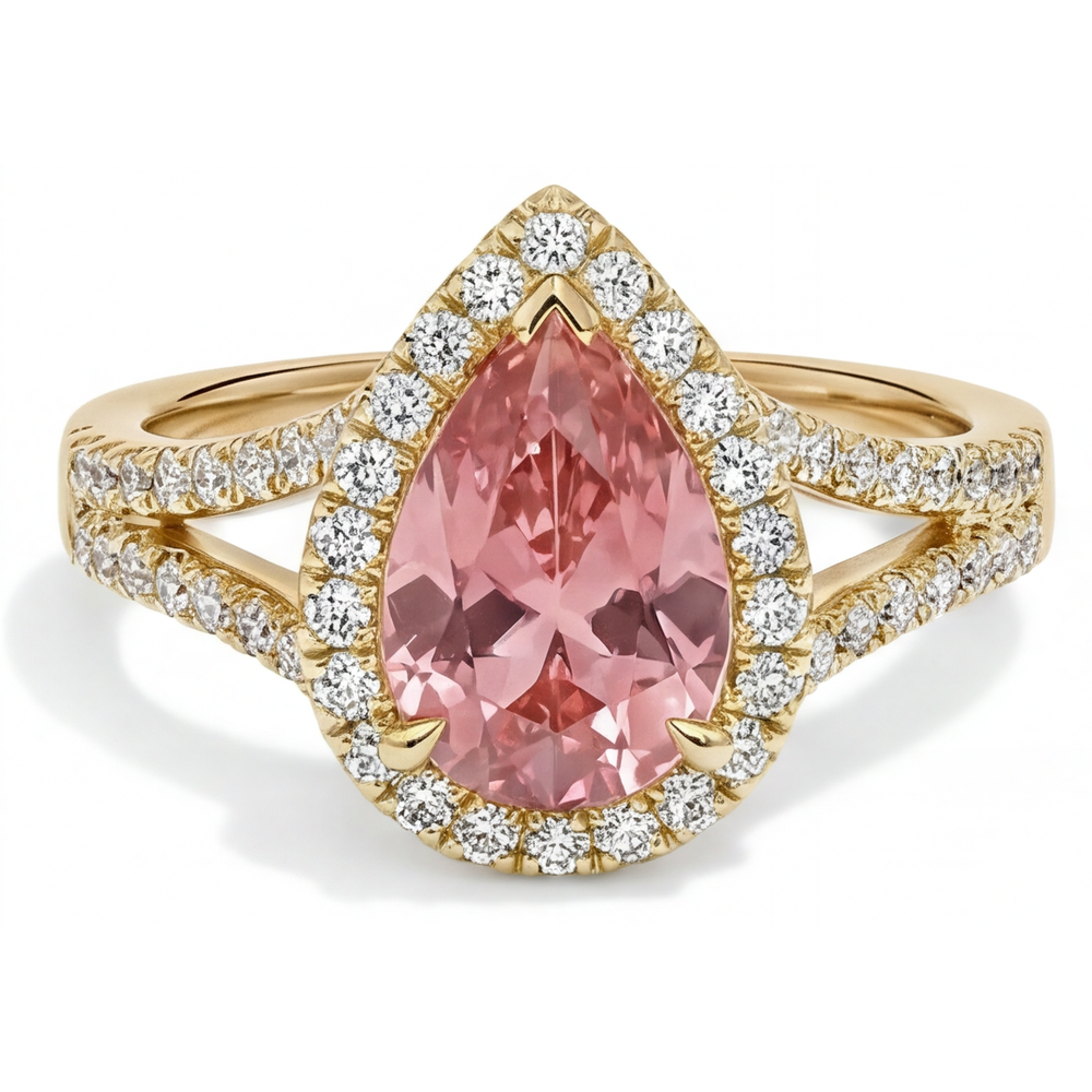Peach Sapphire 2.8 Carat Genuine Pear Padparadscha Halo Split Shank Ring 14K Yellow Gold