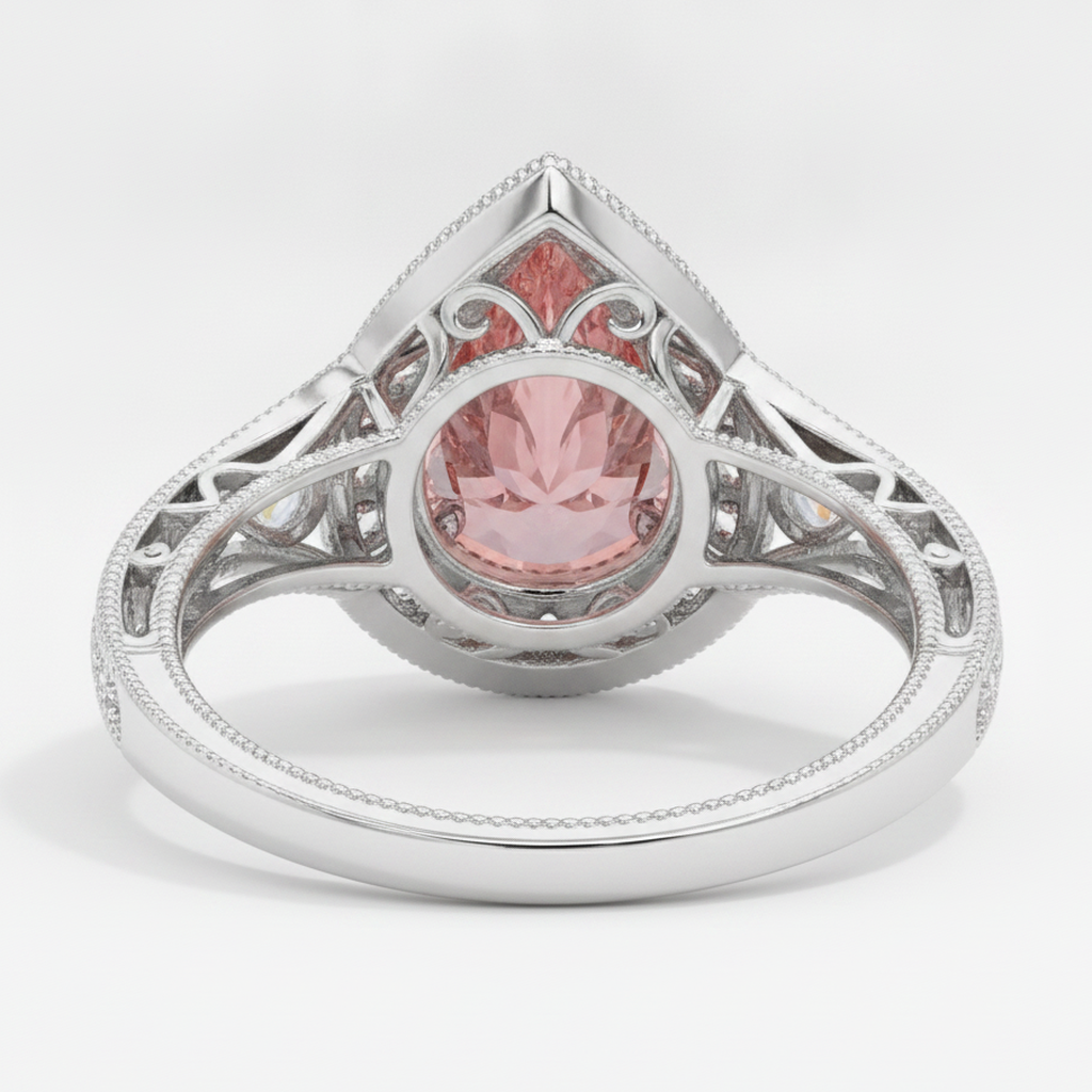Padparadscha Sapphire Ring 3.1 Carat Real Pear Halo Vintage 14K White Gold