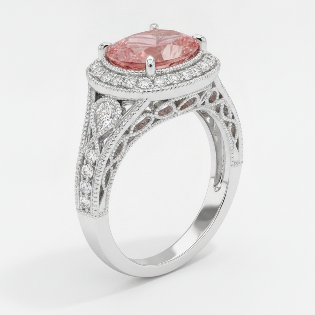 Padparadscha Sapphire Ring 3.1 Carat Real Pear Halo Vintage 14K White Gold