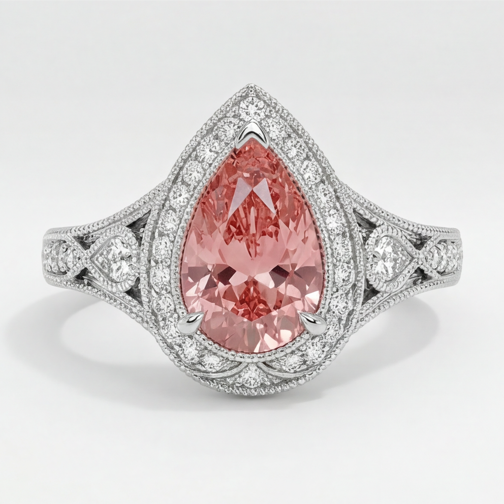 Padparadscha Sapphire Ring 3.1 Carat Real Pear Halo Vintage 14K White Gold