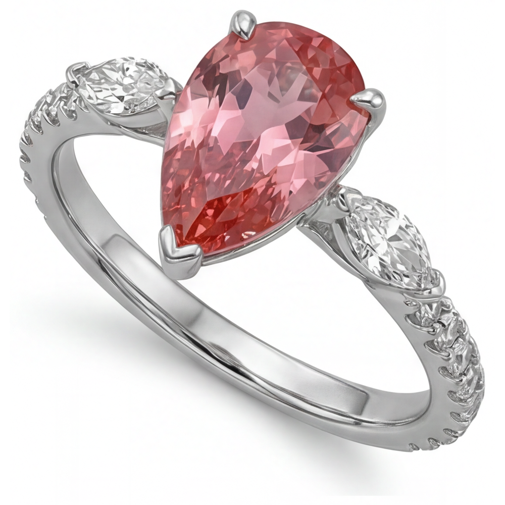 Peach Sapphire 2.9 Carat Genuine Pear Padparadscha Three Stone Ring 14K White Gold