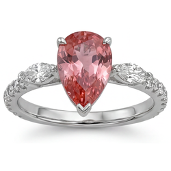 Peach Sapphire 2.9 Carat Genuine Pear Padparadscha Three Stone Ring 14K White Gold