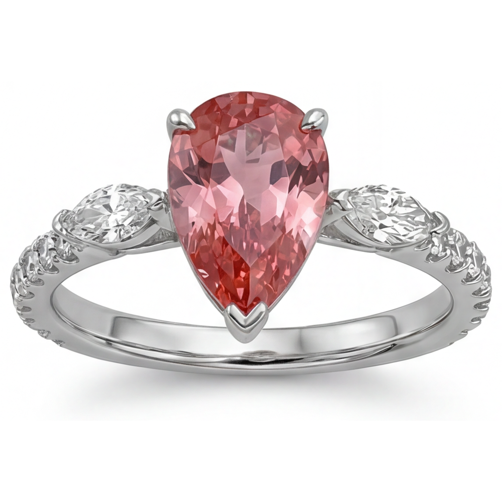 Peach Sapphire 2.9 Carat Genuine Pear Padparadscha Three Stone Ring 14K White Gold
