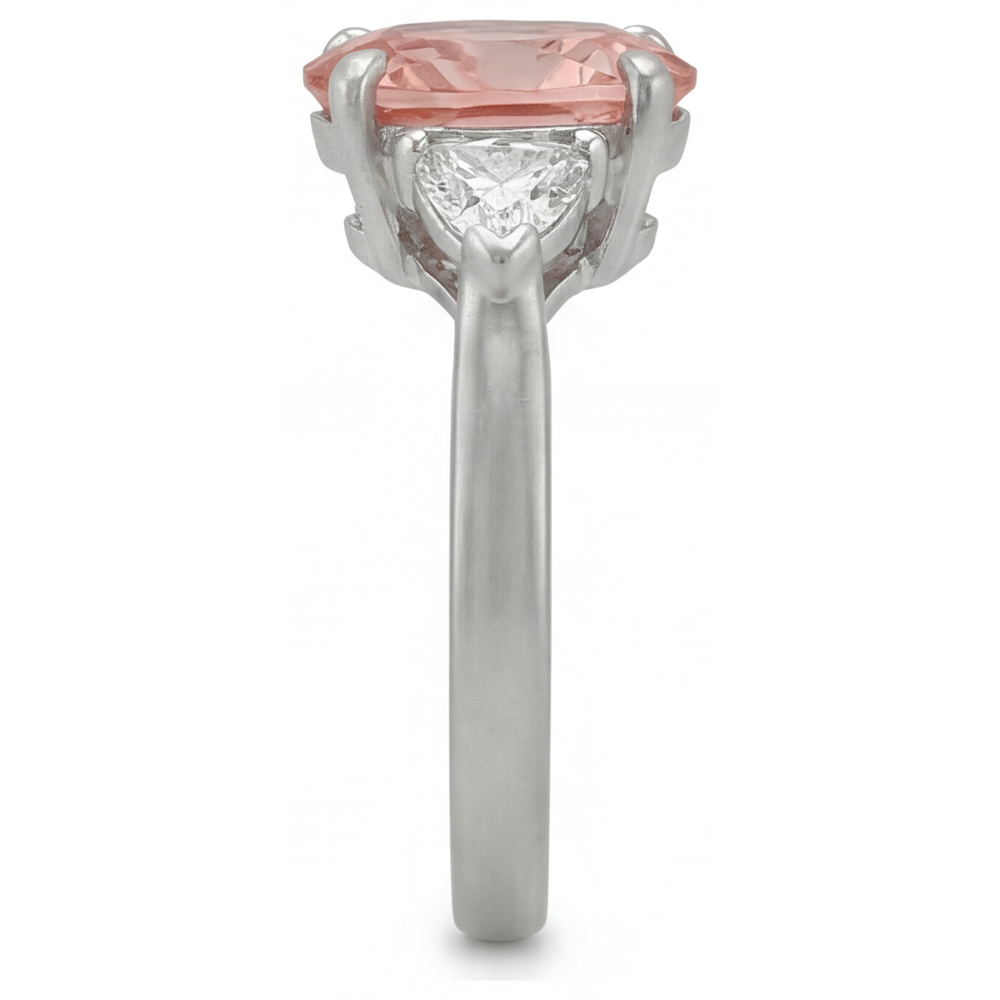 Padparadscha Sapphire Engagement Ring 2.9 Carat Real Pear and White Trilliant Three Stone 14K Gold