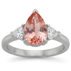 Padparadscha Sapphire Engagement Ring 2.9 Carat Real Pear and White Trilliant Three Stone 14K Gold