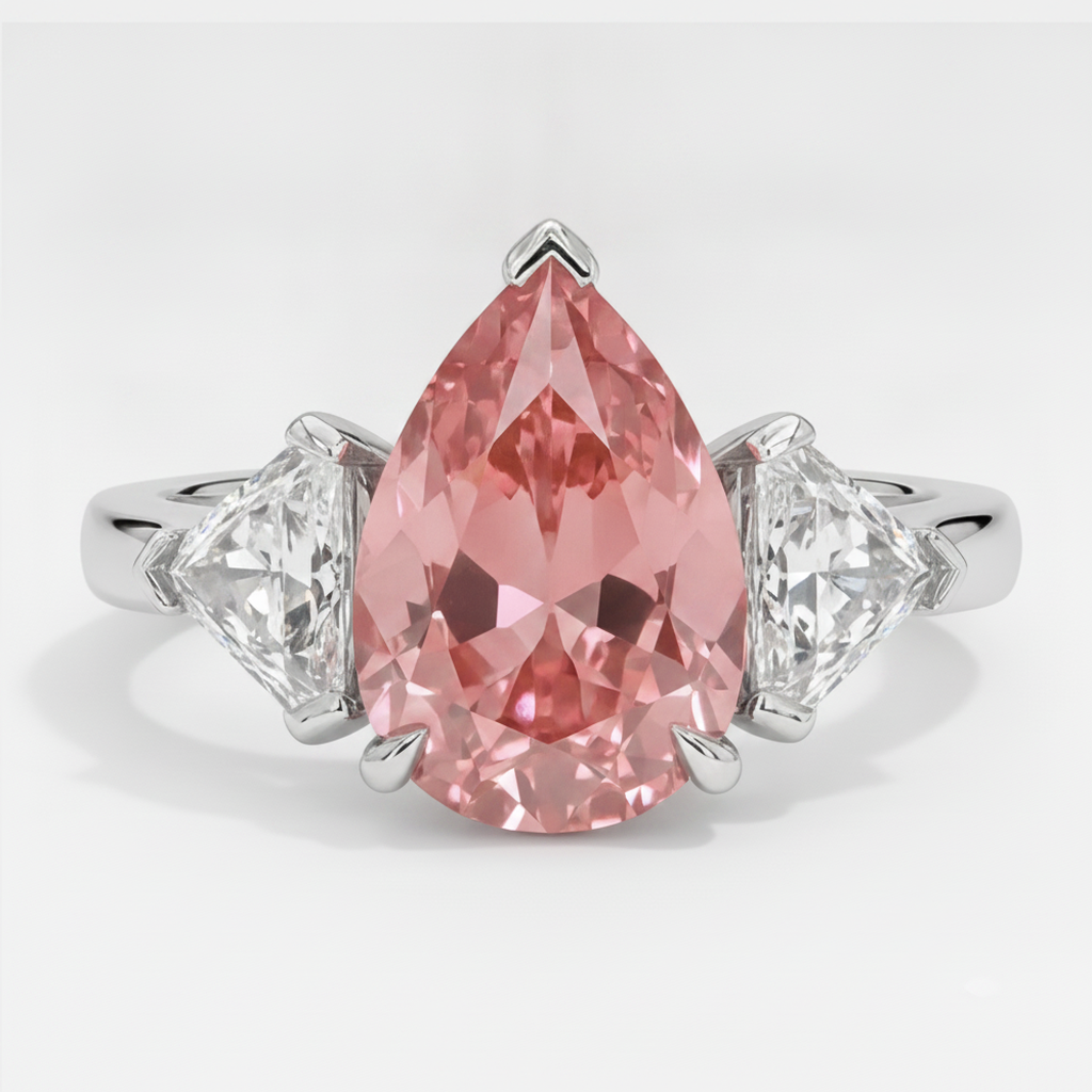 Padparadscha Sapphire Ring 3.6 Carat Genuine Pear and White Trilliant Three Stone Platinum