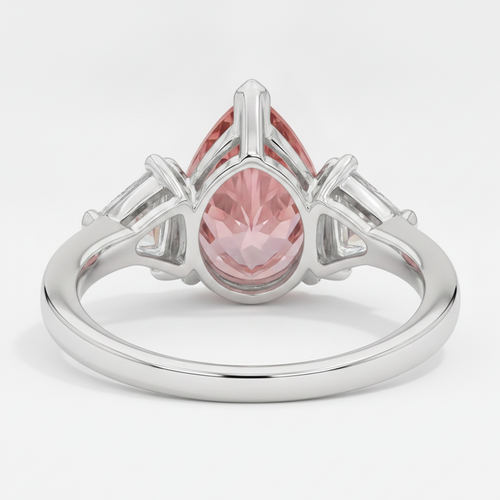 Padparadscha Sapphire Ring 3.6 Carat Genuine Pear and White Trilliant Three Stone Platinum
