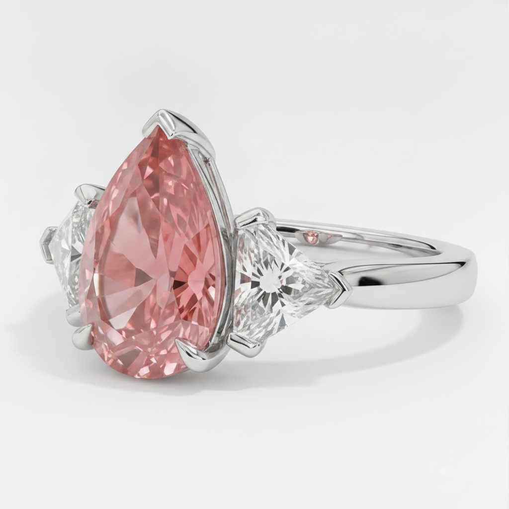 Padparadscha Sapphire Ring 3.6 Carat Genuine Pear and White Trilliant Three Stone Platinum