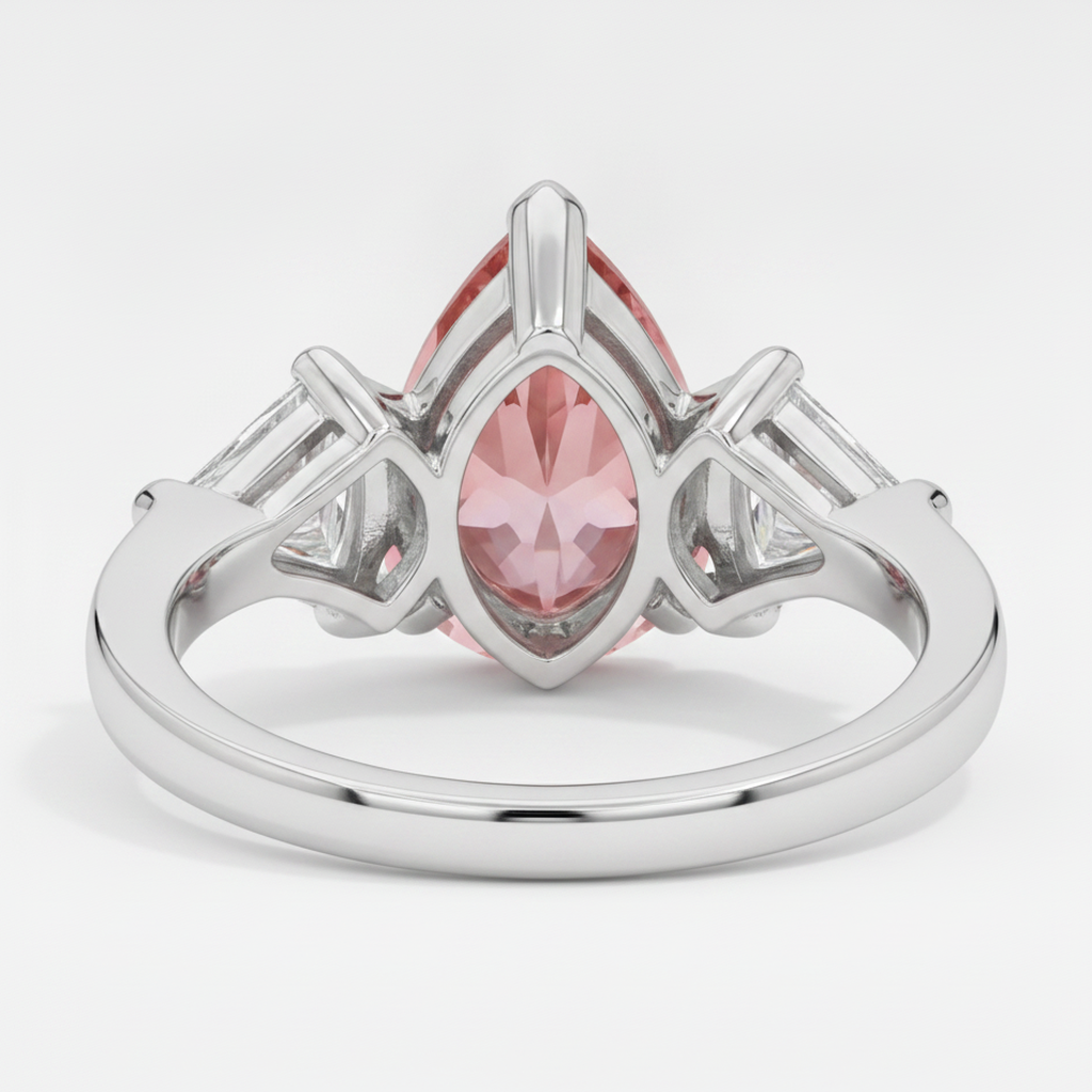 Padparadscha Sapphire Ring 3.6 Carat Genuine Pear and White Trilliant Three Stone Platinum