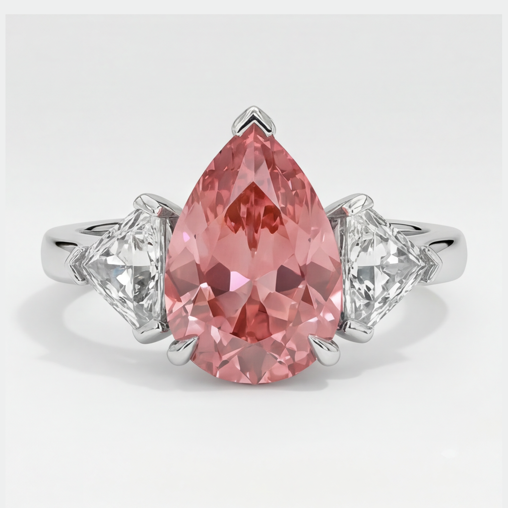 Padparadscha Sapphire Ring 3.6 Carat Genuine Pear and White Trilliant Three Stone Platinum