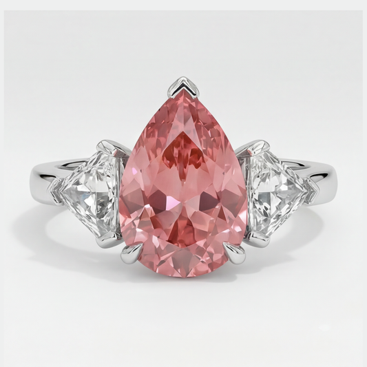 Padparadscha Sapphire Ring 3.6 Carat Genuine Pear and White Trilliant Three Stone Platinum