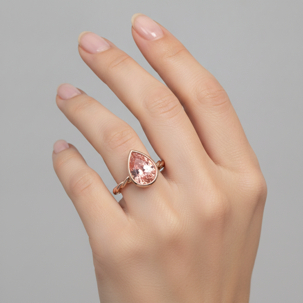 Peach Sapphire 2.5 Carat Natural Pear Padparadscha Bezel Solitaire Ring 14K Rose Gold